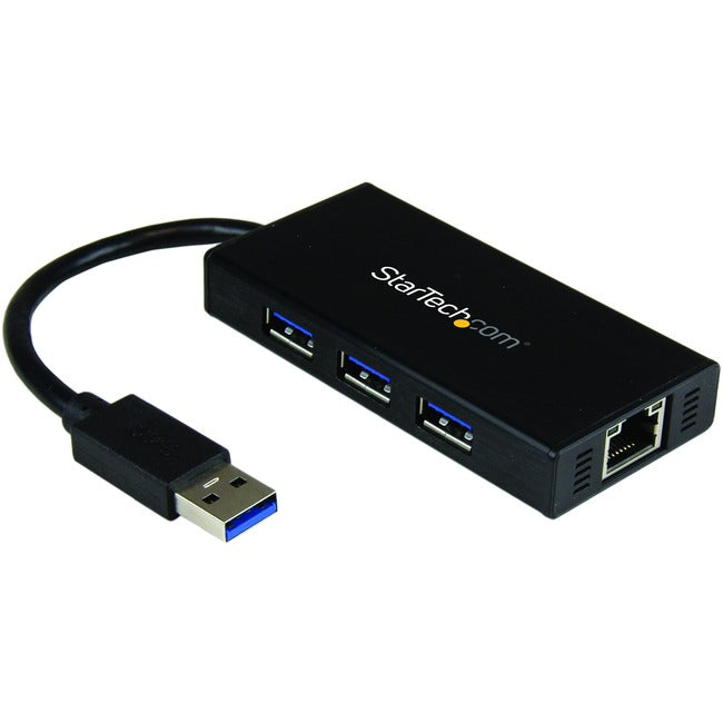 StarTech.com 3 Port Portable USB 3.0 Hub with Gigabit Ethernet Adapter NIC - Aluminum w/ Cable