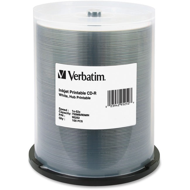 Verbatim CD-R 700MB 52X White Inkjet Printable, Hub Printable - 100pk Spindle
