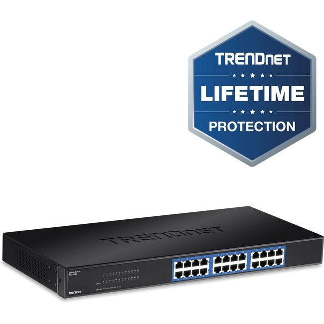 TRENDnet 24-Port Unmanaged Gigabit 10/100/1000 Mbps GREENnet Switch; TEG-S24G; 24 x Gigabit RJ-45 Ports; 48 Gbps Switching Fabric; Fanless; Metal Housing; Rack Mountable; Lifetime Protection