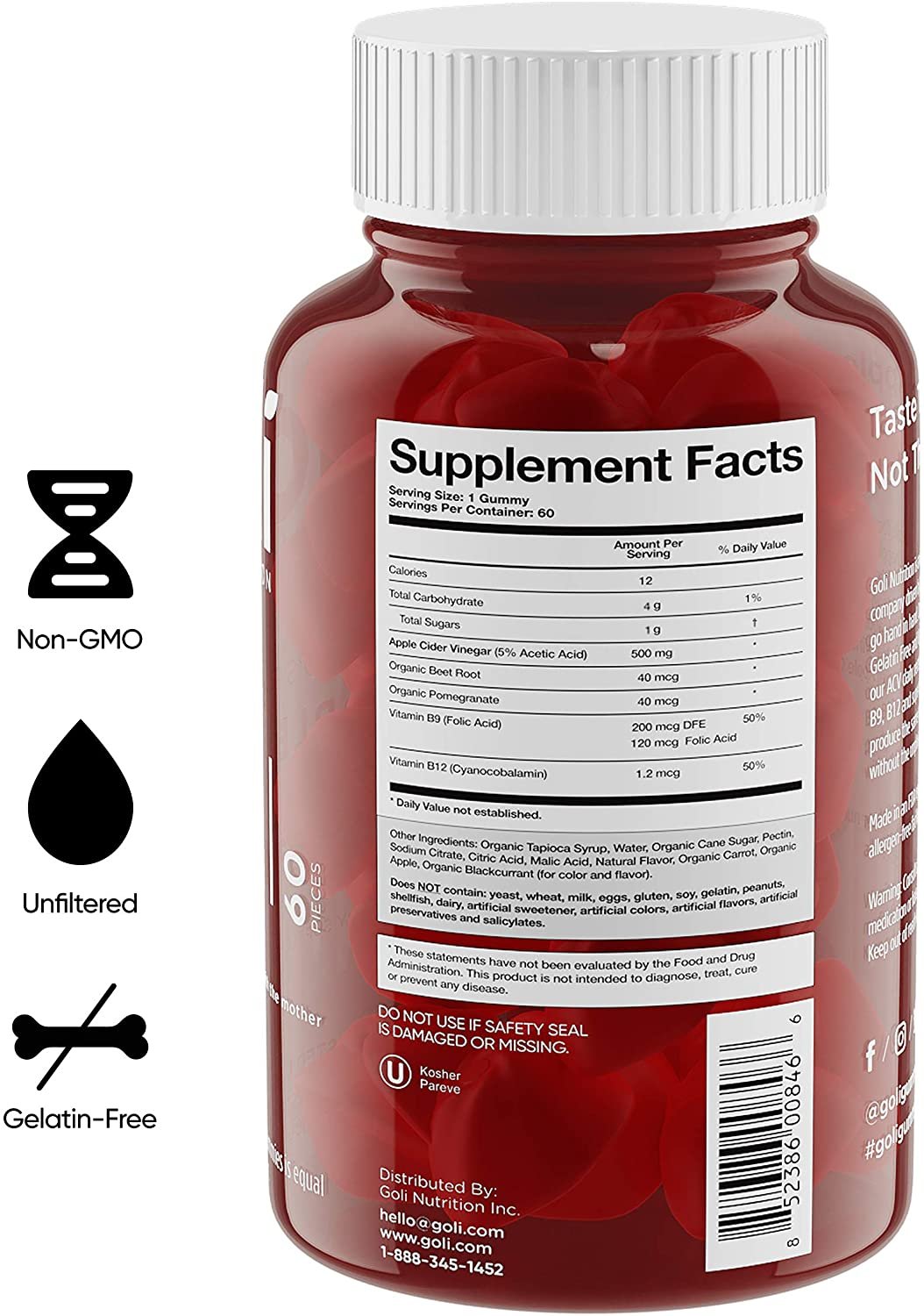 World's First Apple Cider Vinegar Gummy Vitamins by Goli Nutrition - Immunity & Detox - (1 Pack, 60 Count, with The Mother, Gluten-Free, Vegan, Vitamin B9, B12, Beetroot, Pomegranate)