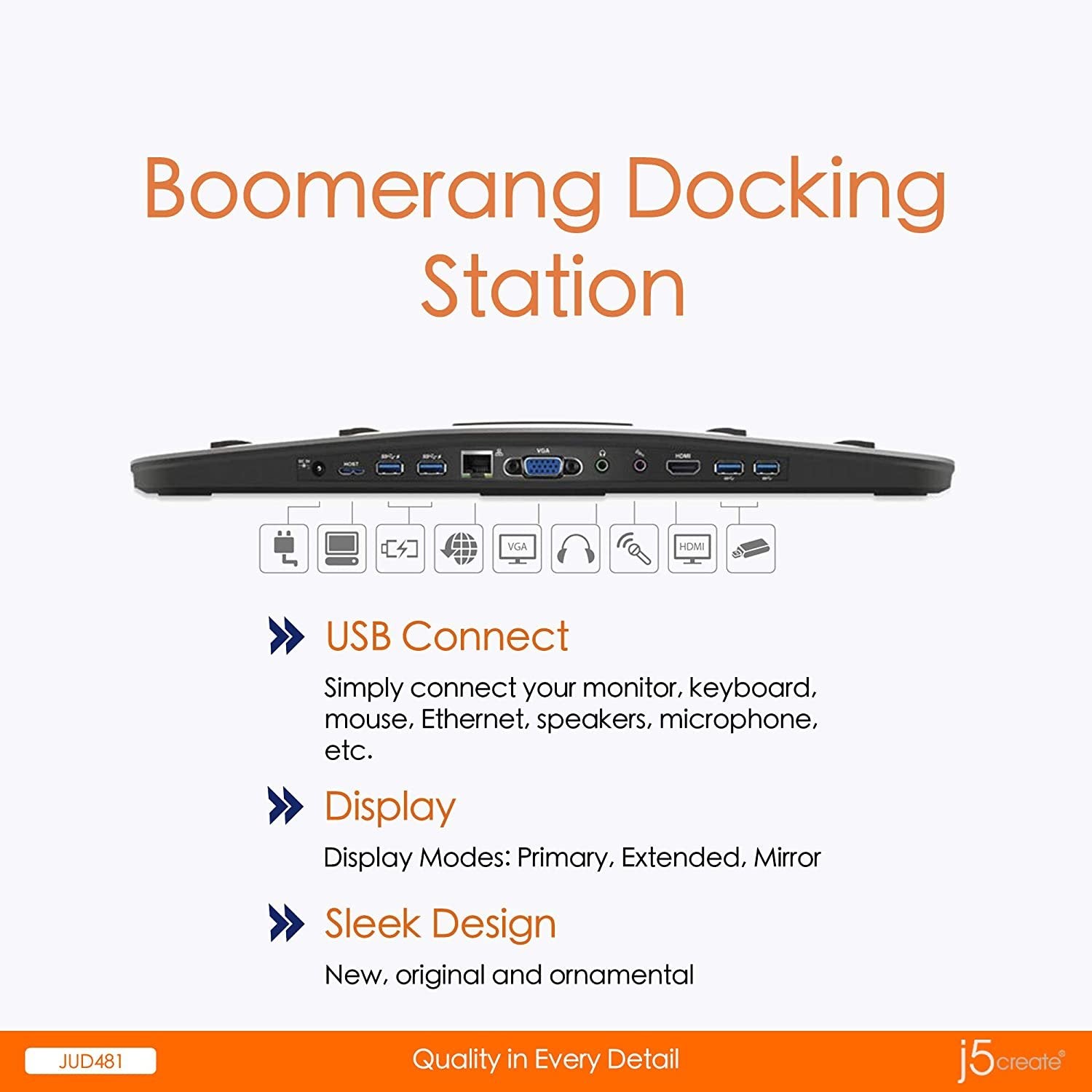 USB 3.0 Boomerang Docking Station by j5create | Full 1080p Resolution | USB 3.0 Host Connection | Gigabit Ethernet | Compatible with Microsoft Windows 7 or Higher and macOS X 10.8 or Later,
