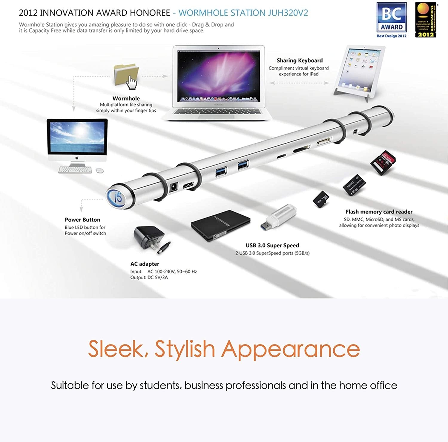 j5create USB 3.0 Wormhole Docking Station- USB 3.0 5 Gbps | SD/MMC, MicroSD, Memory Stick| AC 100-240V, 50-60 Hz | Windows to Mac/Mac to Mac/Windows to Windows