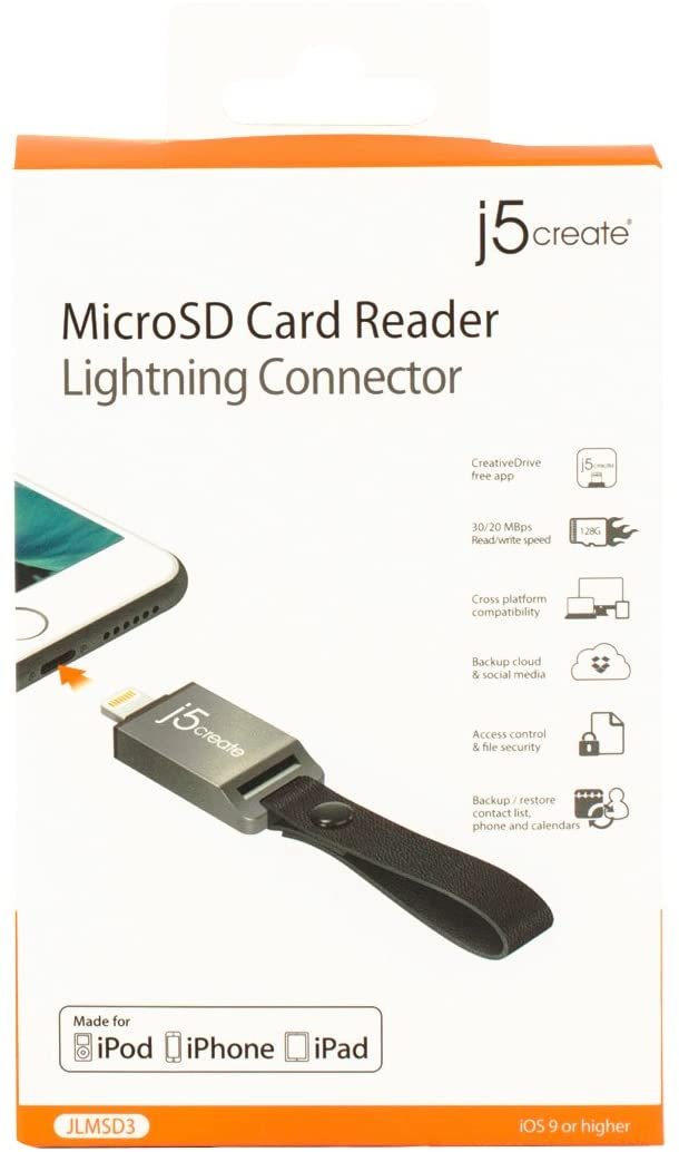 j5create MicroSD Card Reader Key Chain Compatible with Lightning Male | Portable Card Reader with Zinc Alloy Case | Compatible with iPad, iPhone, iPod Touch Products