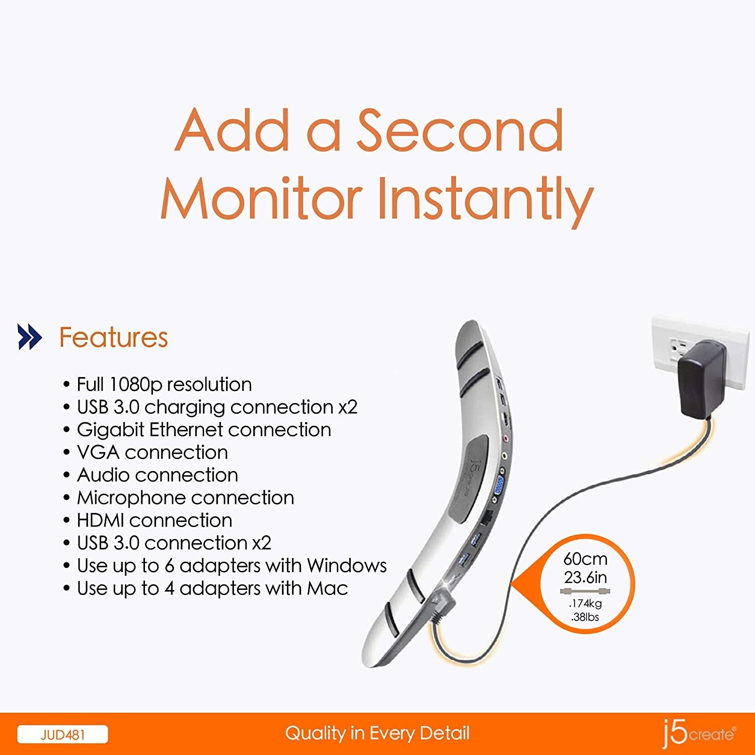 USB 3.0 Boomerang Docking Station by j5create | Full 1080p Resolution | USB 3.0 Host Connection | Gigabit Ethernet | Compatible with Microsoft Windows 7 or Higher and macOS X 10.8 or Later,