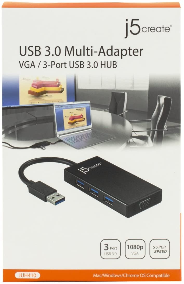 j5create USB 3.0 Multi-Adapter VGA/ 3-Port USB 3.0 HUB | Backwards Compatible with USB 2.0 and USB 1.1 Devices | USB to VGA Compatible with Windows and MAC OS