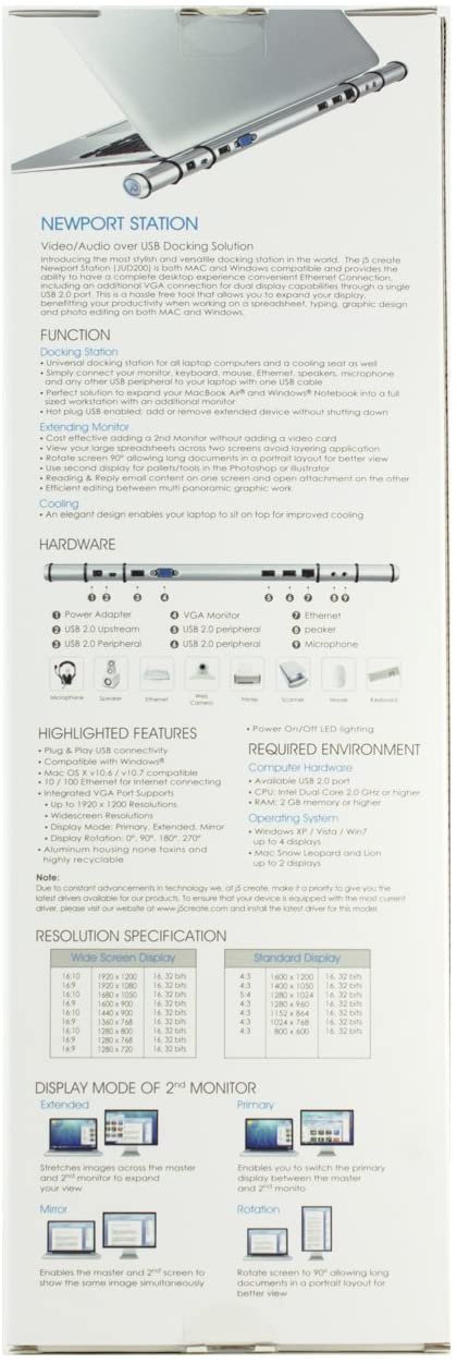 j5create Newport Docking Station | Integrated VGA Port Supports Display Resolution up to 1920 x 1200 @ 32 bit | Compatible with Windows PC and MacOS X v10.6 and Later