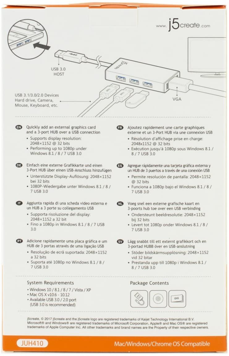 j5create USB 3.0 Multi-Adapter VGA/ 3-Port USB 3.0 HUB | Backwards Compatible with USB 2.0 and USB 1.1 Devices | USB to VGA Compatible with Windows and MAC OS