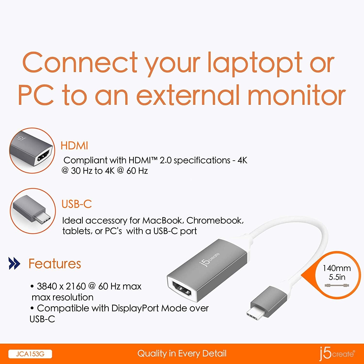 j5create USB Type-C to 4K HDMI Adapter 3840 x 2160 @ 60Hz | HDMI 1.4 4K @ 30 Hz to 4K @ 60 Hz | Adapter Compatible with MacBook, Chromebook, Tablet or PC