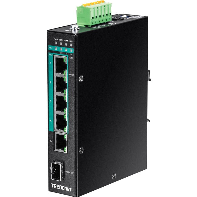 TRENDnet 6-Port Hardened Industrial Gigabit PoE+ Layered 2 Managed DIN-Rail Switch; TI-PG541i; 4 x Gigabit PoE+; 1 x Gigabit; 1 x Gigabit SFP Slot; IP30 Rated; 120 W Power Budget; Lifetime Protection