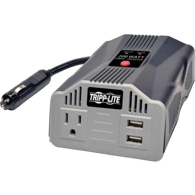 Tripp Lite Ultra-Compact Car Inverter 200W 12V DC to 120V AC 2 USB Charging Ports 1 Outlet
