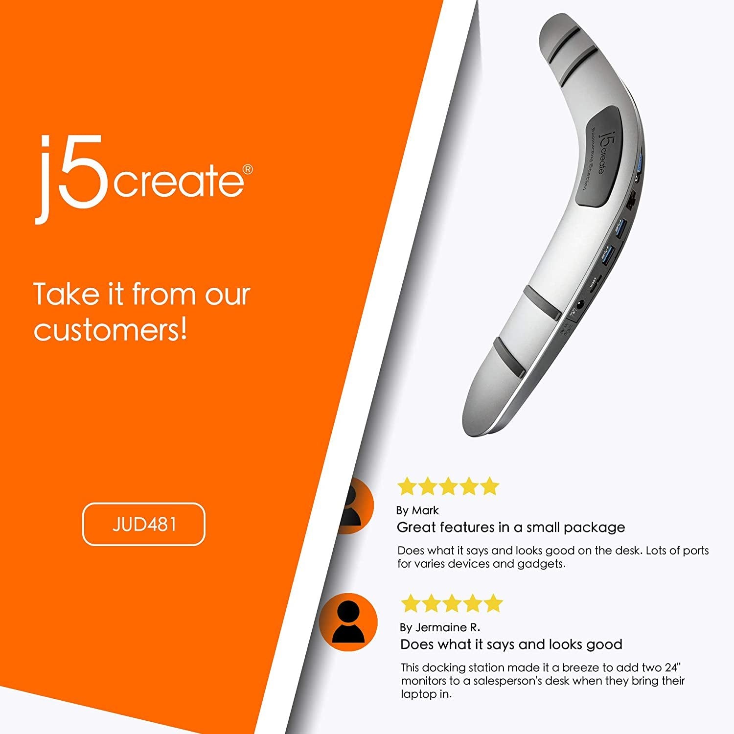 USB 3.0 Boomerang Docking Station by j5create | Full 1080p Resolution | USB 3.0 Host Connection | Gigabit Ethernet | Compatible with Microsoft Windows 7 or Higher and macOS X 10.8 or Later,