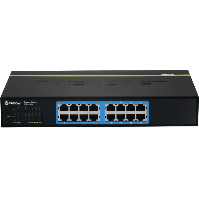 TRENDnet 16-Port Unmanaged Gigabit GREENnet Desktop Metal Switch; TEG-S16DG; Ethernet Splitter; Ethernet/Network Switch; 16 x 10/100/1000 RJ-45 Ports; 32 Gbps Forwarding Capacity; Lifetime Protection