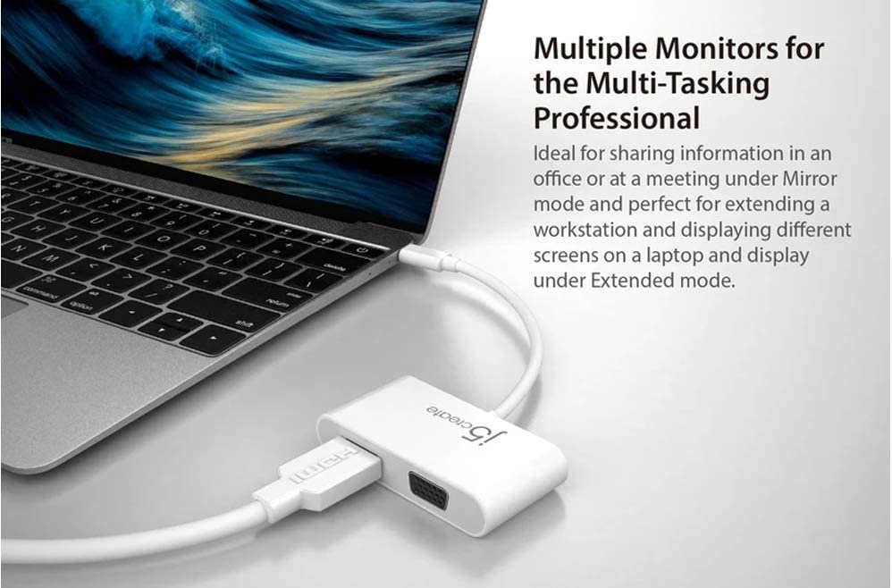j5create USB-C to HDMI and VGA Adapter Converter - Support 4K UHD 60Hz, Mirror and Extended Mode - Compatible with iPad Pro, MacBook Thunderbolt 3 Ports, Surface Laptop and Other Type-C Devices
