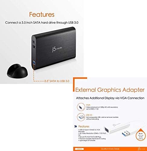 j5create Accessory Bundle - JUA214 USB to VGA Adapter Cable | Multi-Monitor, Video Card Converter + JEE351 USB 3.0 to SATA External Hard Drive, 3.5" SSD, for Windows Mac